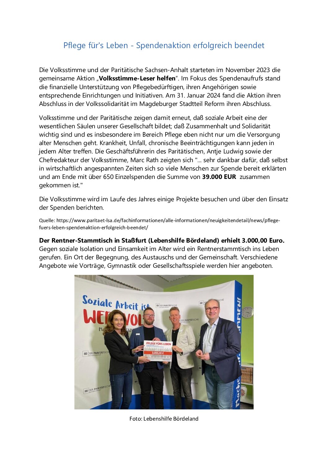 31.01.2024: „Pflege fürs Leben“ – Spendenaktion „Volksstimme-Leser helfen“