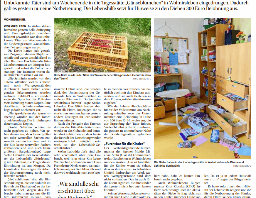 20.05.2025 – Volksstimme „Einbrecher legen Kitabetrieb lahm“